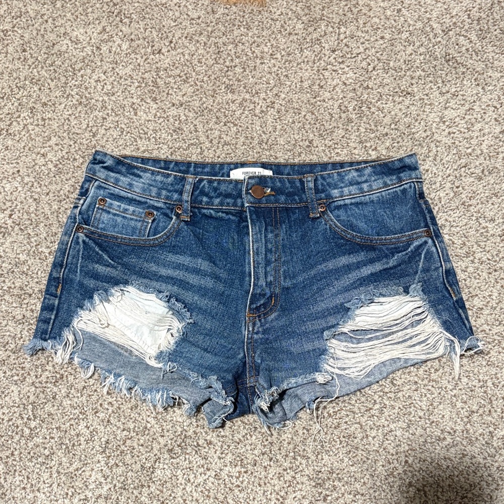 Forever 21 Darker Wash Frayed Jean Shorts